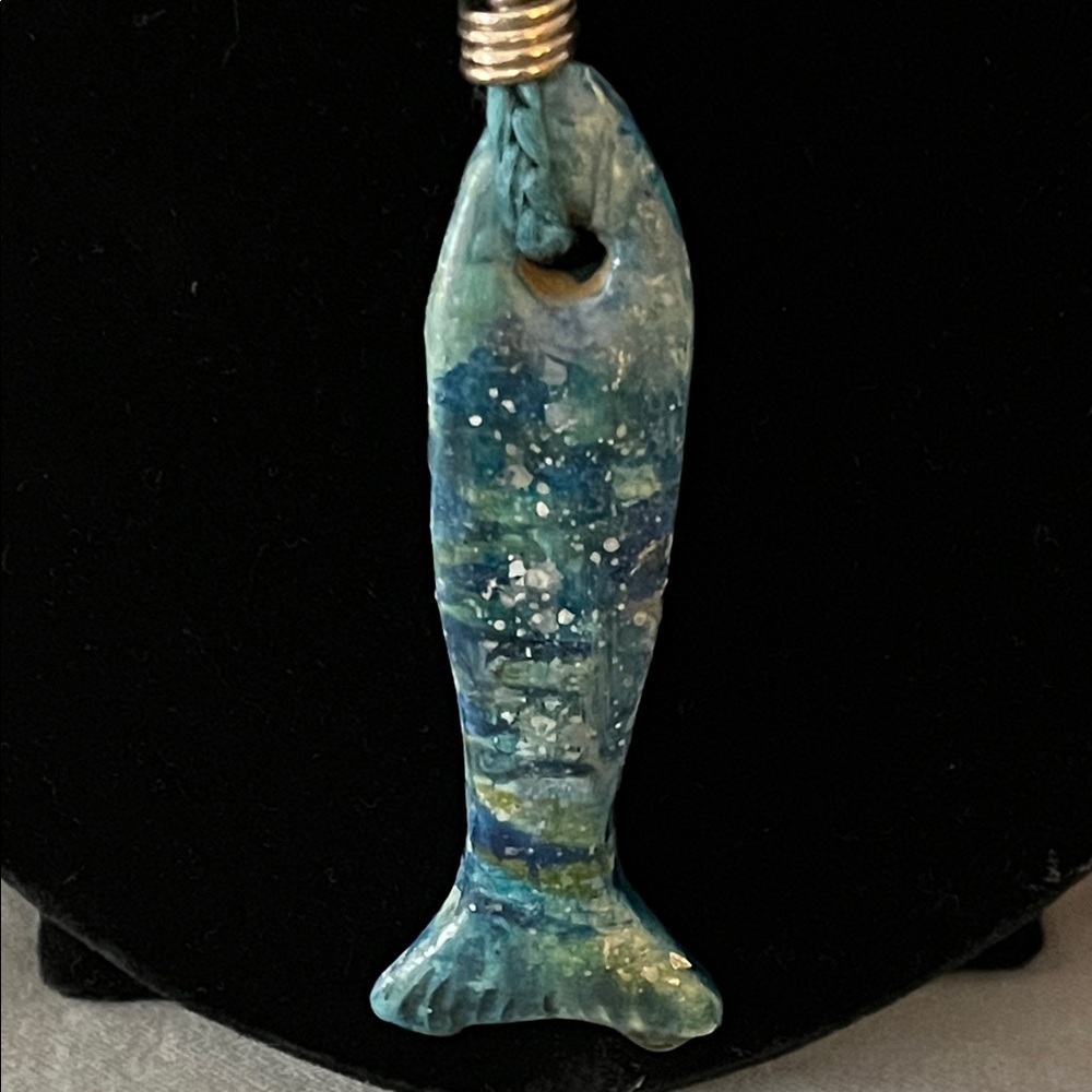 Handmade & Painted Greek Ceramic Blue Fish Pendant on a Braided Cord - Picture 3 of 6